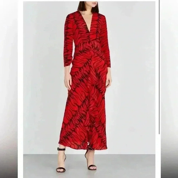 Rixo Adriana Zebra Striped Animal Print Red Black Silk Maxi Dress Size Small - Picture 4 of 16